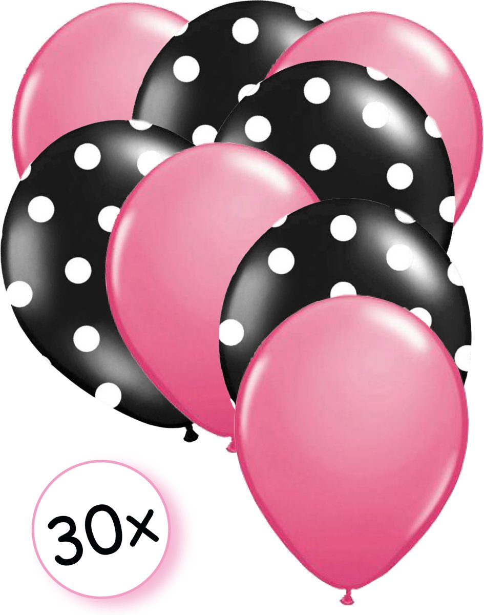 Ballonnen Roze & Dots Zwart/Wit 30 stuks 27 cm